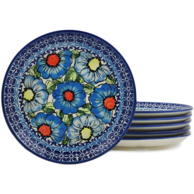 Polish Pottery Set of 6 dessert plates Bold Blue Poppies UNIKAT