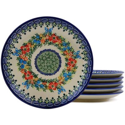 Polish Pottery Set of 6 dessert plates Ring Of Flowers UNIKAT