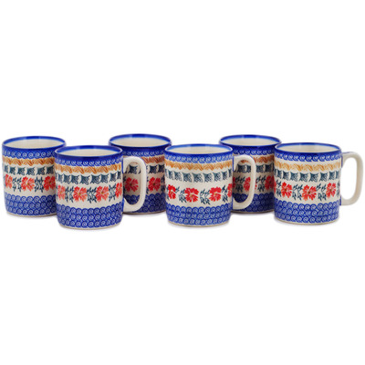 Polish Pottery Set of 6 Mugs Red Cornflower