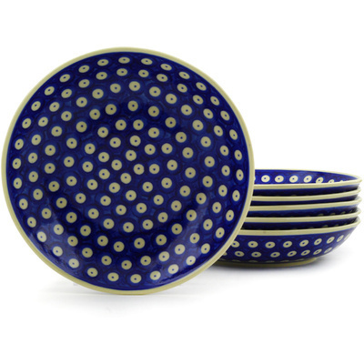 Polish Pottery Set of 6 Pasta Bowls 9&quot; Blue Eyed Peacock