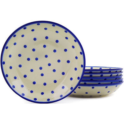 Polish Pottery Set of 6 Pasta Bowls 9&quot; Blue Polka Dot