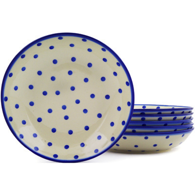 Polish Pottery Set of 6 Pasta Bowls 9&quot; Blue Polka Dot