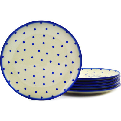 Polish Pottery Set of 6 Plates 10&quot; Blue Polka Dot