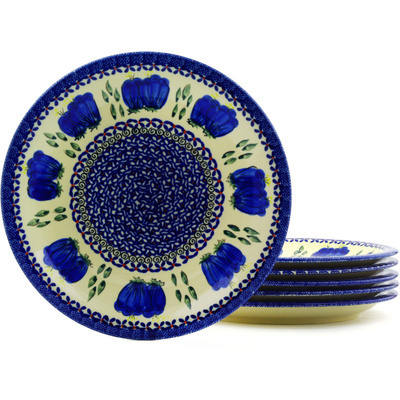 Polish Pottery Set of 6 Plates 11&quot; Blue Bulbs