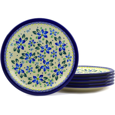 Polish Pottery Set of 6 Plates 11&quot; Blue Clematis