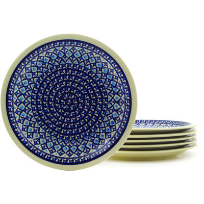 Polish Pottery Set of 6 Plates 11&quot; Blue Diamond