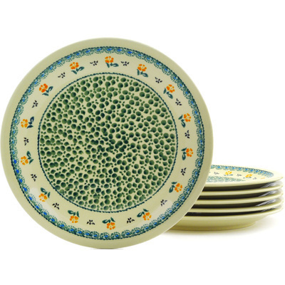 Polish Pottery Set of 6 Plates 11&quot; Green Bubbles