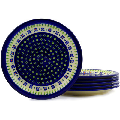 Polish Pottery Set of 6 Plates 11&quot; Green Gingham Peacock