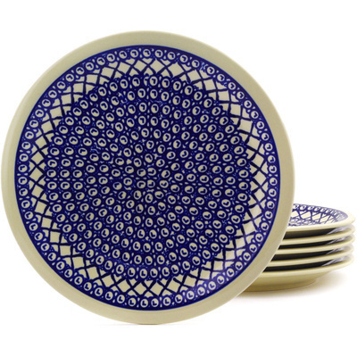 Polish Pottery Set of 6 Plates 11&quot; Lattice Peacock