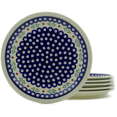 Polish Pottery Set of 6 Plates 11&quot; Peacock Hollies