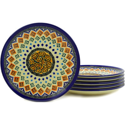 Polish Pottery Set of 6 Plates 7&quot; Aztec Swirls UNIKAT