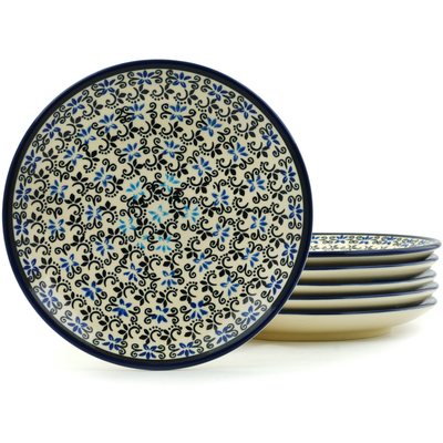 Polish Pottery Set of 6 Plates 7&quot; Black And Blue Lace