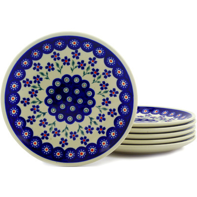 Polish Pottery Set of 6 Plates 7&quot; Bright Peacock Daisy