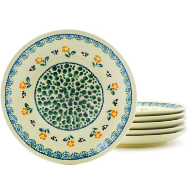 Polish Pottery Set of 6 Plates 7&quot; Green Bubbles