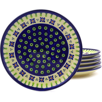 Polish Pottery Set of 6 Plates 7&quot; Green Gingham Peacock