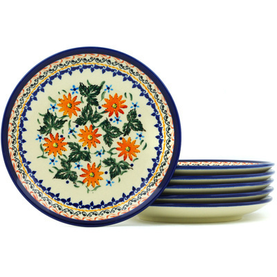 Polish Pottery Set of 6 Plates 7&quot; Mexican Flame UNIKAT