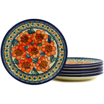 Polish Pottery Set of 6 Plates 7&quot; Peach Poppies UNIKAT