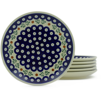 Polish Pottery Set of 6 Plates 7&quot; Peacock Hollies