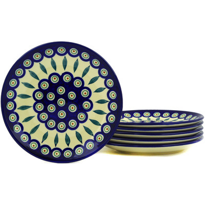 Polish Pottery Set of 6 Plates 7&quot; Peacock Leaves