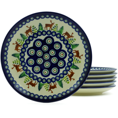 Polish Pottery Set of 6 Plates 7&quot; Reindeer In The Pines