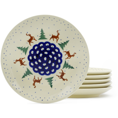 Polish Pottery Set of 6 Plates 7&quot; Reindeer Pines