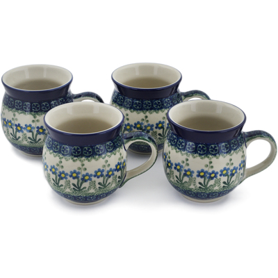Polish Pottery Set of Four 12 oz Bubble Mugs Blue Daisy Circle