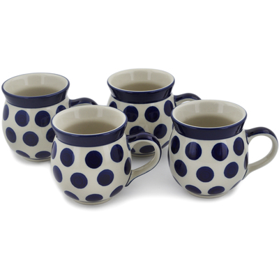 Polish Pottery Set of Four 12 oz Bubble Mugs Bold Blue Dots