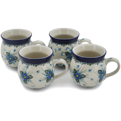 Polish Pottery Set of Four 12 oz Bubble Mugs Forget Me Not UNIKAT