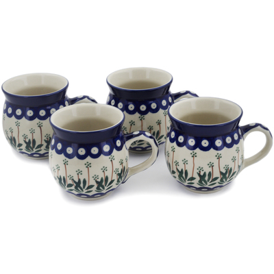 Polish Pottery Set of Four 12 oz Bubble Mugs Pushing Daisy Peacock