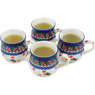 Polish Pottery Set of Four 12 oz Bubble Mugs Spring Butterfly