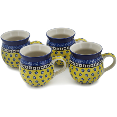 Polish Pottery Set of Four 12 oz Bubble Mugs Sunburst Daisies