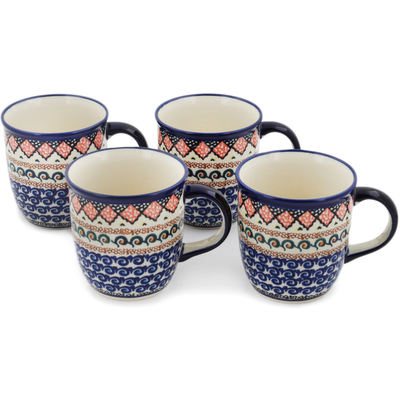 Polish Pottery Set of Four 12oz Mugs Coral Diamonds UNIKAT