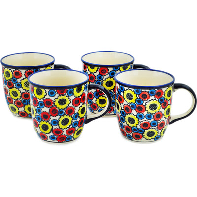 Polish Pottery Set of Four 12oz Mugs Flower Freedom