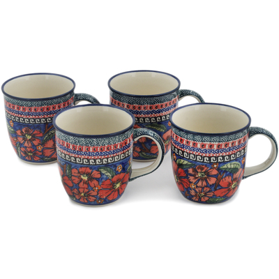 Polish Pottery Set of Four 12oz Mugs Poppies UNIKAT