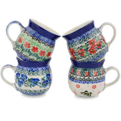Polish Pottery Set of Four 8 oz Bubble Mugs Mix