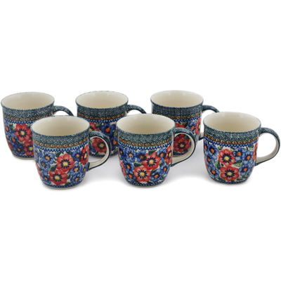 Polish Pottery Set of Six 12oz Mugs Blue And Red Poppies UNIKAT