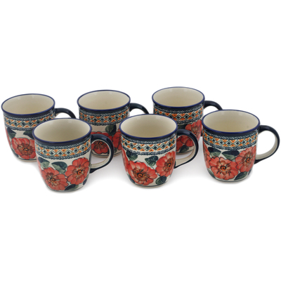 Polish Pottery Set of Six 12oz Mugs Peach Poppies UNIKAT