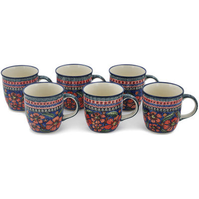 Polish Pottery Set of Six 12oz Mugs Poppies UNIKAT