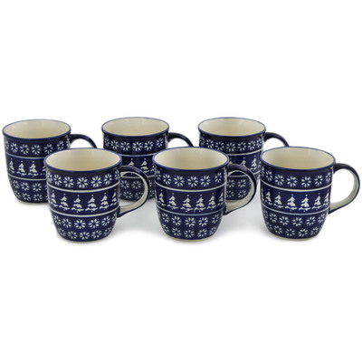 Polish Pottery Set of Six 12oz Mugs Winter Night