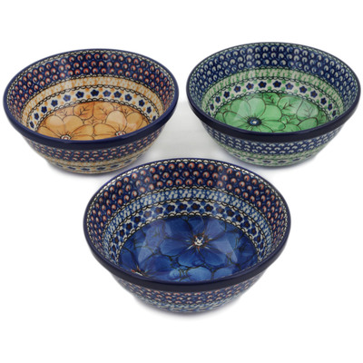 Polish Pottery Set of Three 6&frac12;-inch bowls Flower Mix