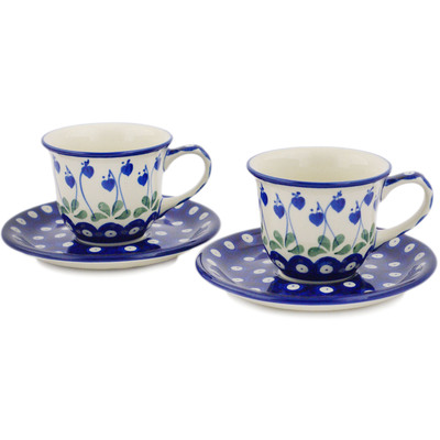 Polish Pottery Set of Two Cups and Saucers Bleeding Heart Peacock
