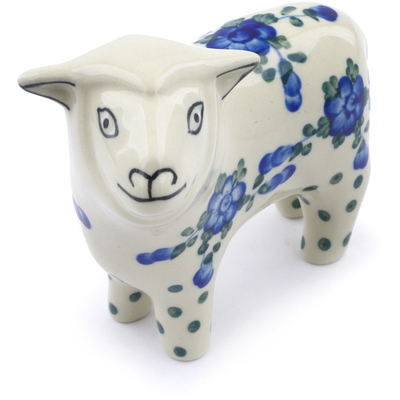 Polish Pottery Sheep Figurine 6&quot; Blue Poppies
