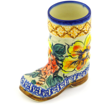 Polish Pottery Shoe Shaped Jar 4&quot; Colorful Bouquet UNIKAT