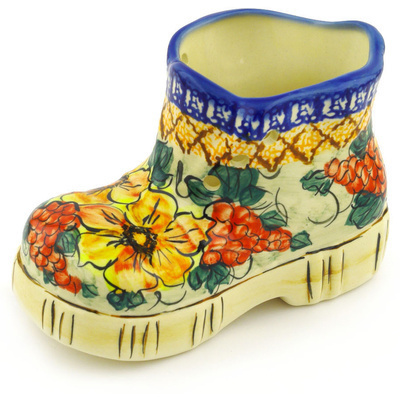 Polish Pottery Shoe Shaped Jar 7&quot; Colorful Bouquet UNIKAT