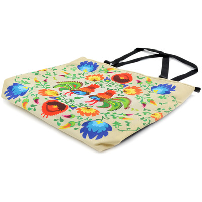 Textile Shopping Bag 27&quot; Folk Rooster Garden Beige
