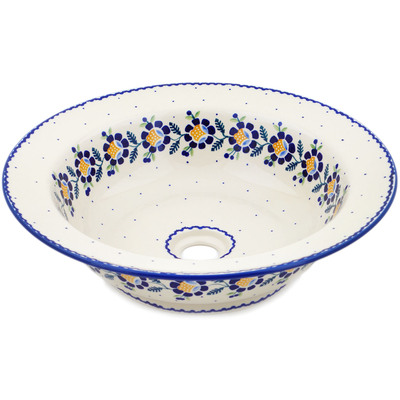 Polish Pottery Sink Bowl 16&quot; Orange And Blue Flower