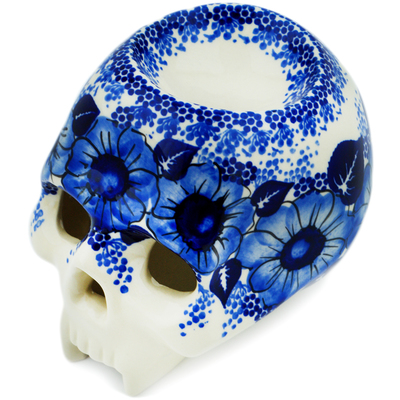Polish Pottery Skull Figurine 5&quot; Cobalt Blue Beauty UNIKAT