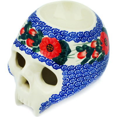 Polish Pottery Skull Figurine 5&quot; Perfect Poppies