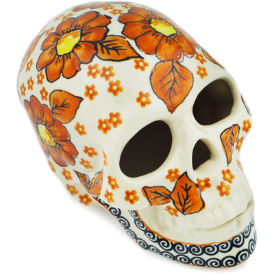 Polish Pottery Skull Figurine 6&quot; Fall Flowers UNIKAT