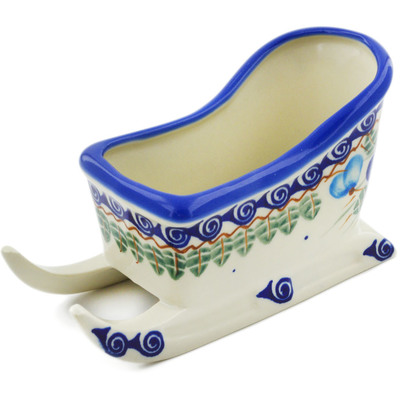 Polish Pottery Sled Figurine 6&quot; Blue Pansy
